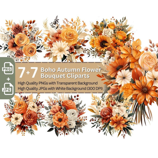Boho Autumn Flower Bouquet 7+7 PNG Clip Art Bundle Autumn Wedding - Everything Pixel