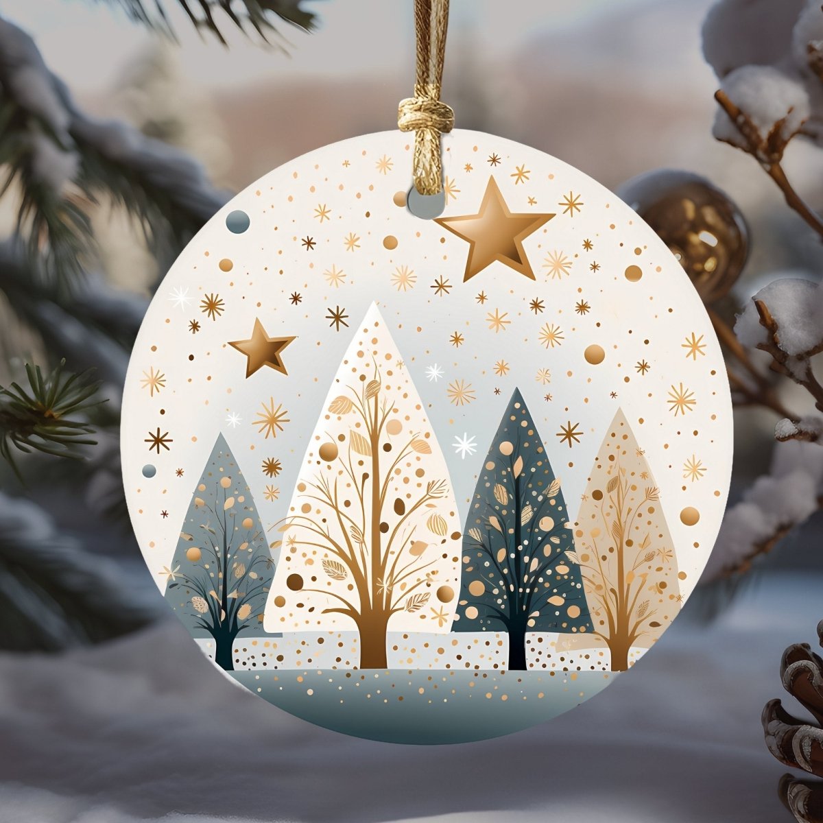 Boho Christmas Ornaments Set of 20 Round Ceramic Ornaments Printed Boho Christmas Motifs Gold Blue Festive Christmas Tree Decoration - Everything Pixel