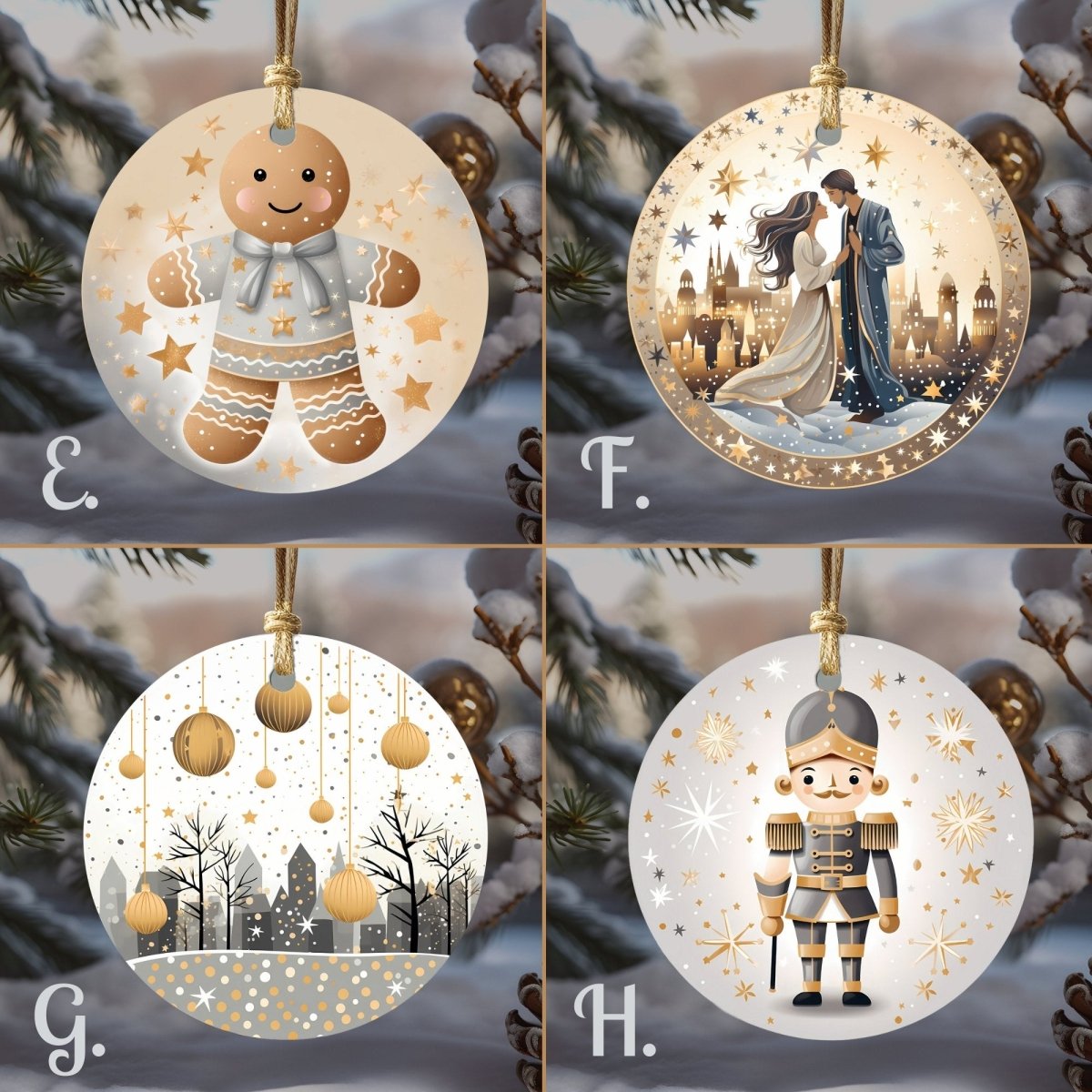 Boho Christmas Ornaments Set of 20 Round Ceramic Ornaments Printed Boho Christmas Motifs Gold Blue Festive Christmas Tree Decoration - Everything Pixel