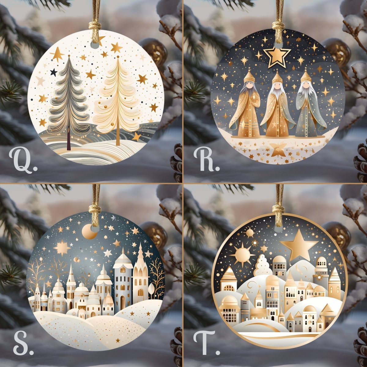 Boho Christmas Ornaments Set of 20 Round Ceramic Ornaments Printed Boho Christmas Motifs Gold Blue Festive Christmas Tree Decoration - Everything Pixel