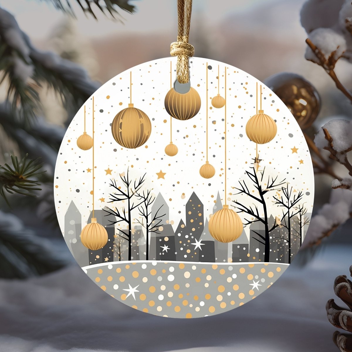 Boho Christmas Ornaments Set of 20 Round Ceramic Ornaments Printed Boho Christmas Motifs Gold Blue Festive Christmas Tree Decoration - Everything Pixel