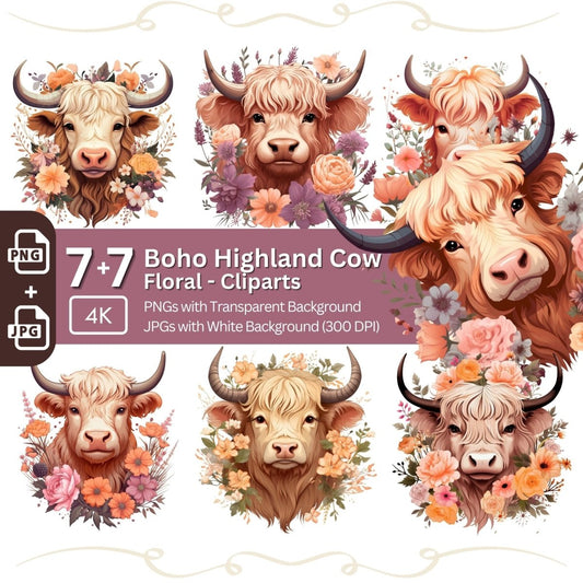 Boho Floral Highland Cow Clipart 7+7 PNG JPG Bundle - Everything Pixel