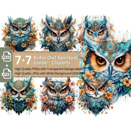 Boho Owl with Flowers Spiritual Guide Cliparts 7+7 High Quality PNGs Animal - Everything Pixel