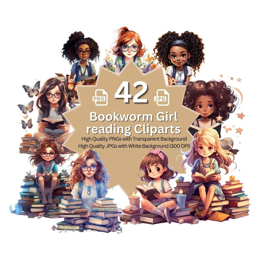 Bookworm Girls reading Megabundle 42+42 High Quality PNGs Stack of Books Clipart - Everything Pixel
