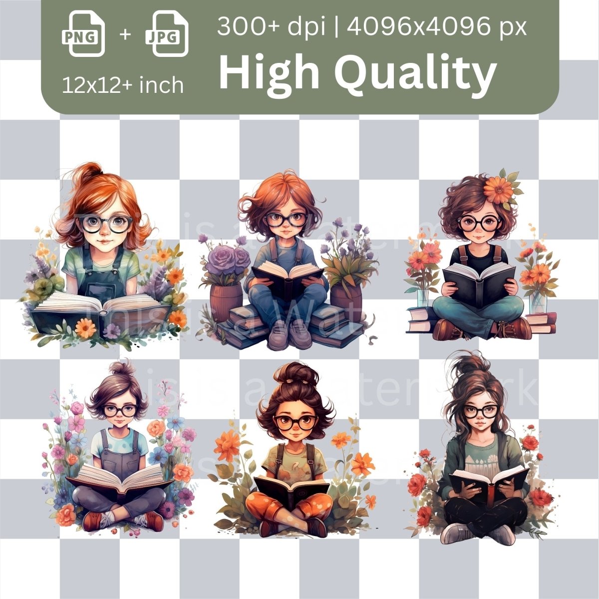 Bookworm Girls reading Megabundle 42+42 High Quality PNGs Stack of Books Clipart Nursery Card Making Clip Art Digital Paper Craft Graphic - Everything Pixel