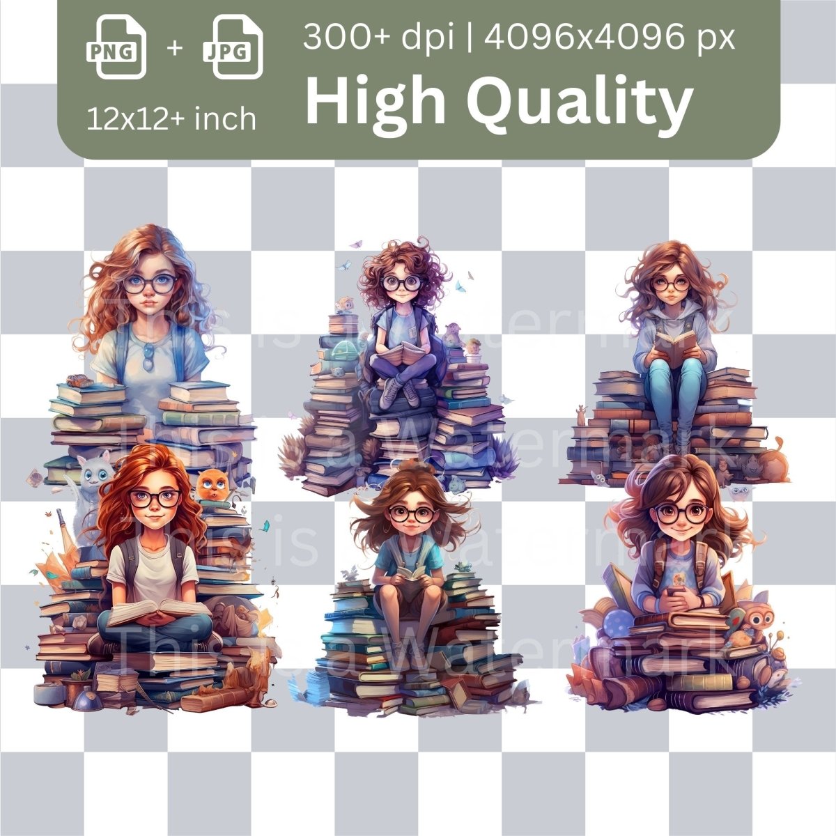 Bookworm Girls reading Megabundle 42+42 High Quality PNGs Stack of Books Clipart Nursery Card Making Clip Art Digital Paper Craft Graphic - Everything Pixel