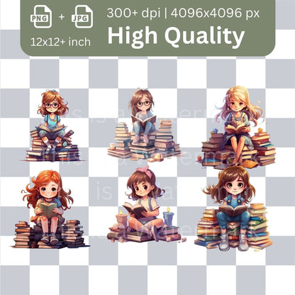 Bookworm Girls reading Megabundle 42+42 High Quality PNGs Stack of Books Clipart Nursery Card Making Clip Art Digital Paper Craft Graphic - Everything Pixel