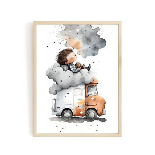 Boy sleeping on a truck with stars wall art nursery clouds stars printing - Everything Pixel