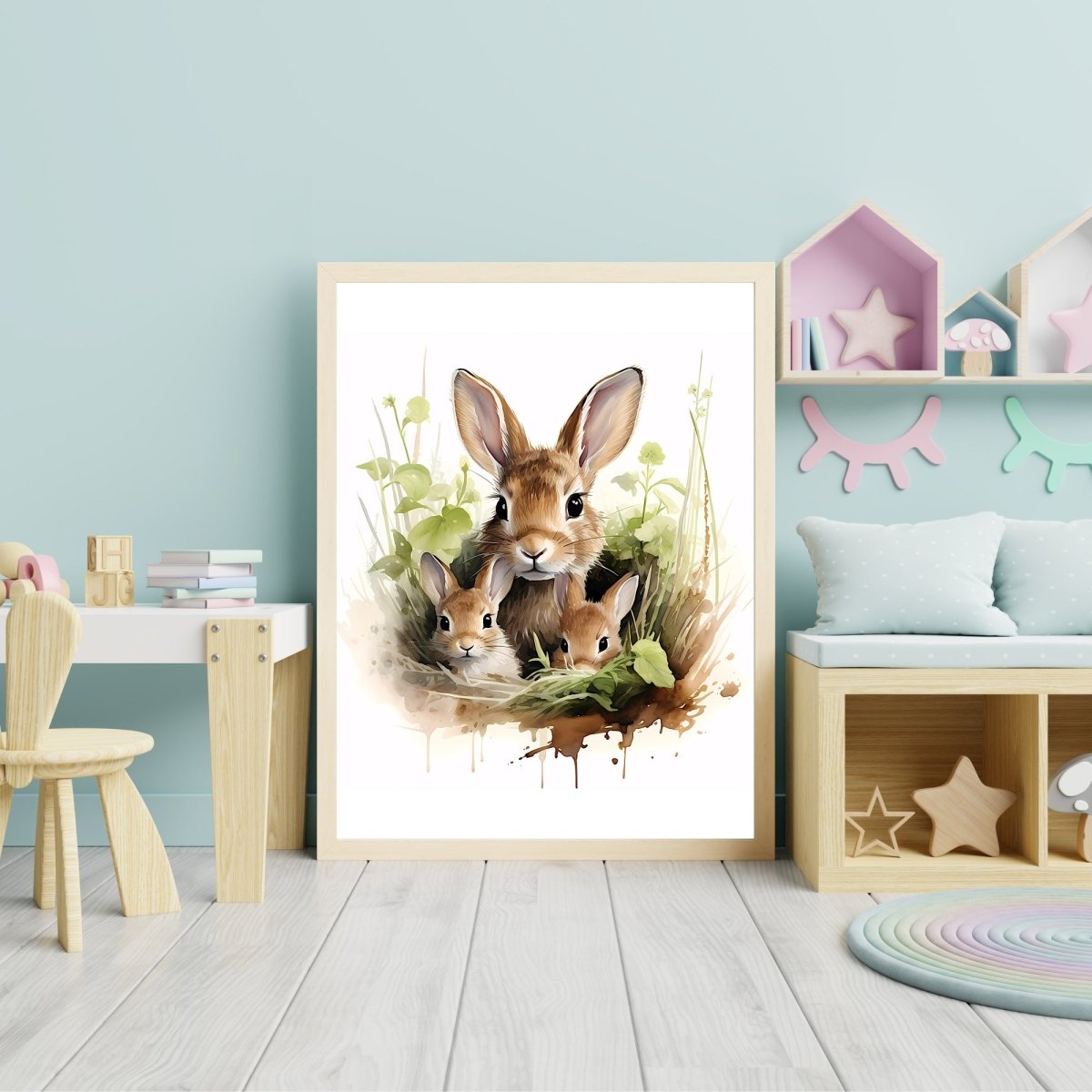 Bunny Family Hideaway - Watercolor Nursery Wall Art Print - Everything Pixel