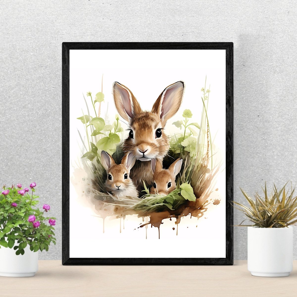 Bunny Family Hideaway - Watercolor Nursery Wall Art Print - Everything Pixel