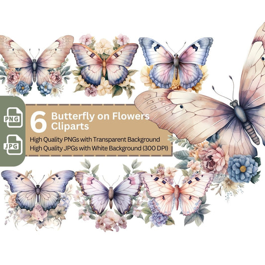 Butterfly on Flowers Clipart 6+6 High Quality PNGs Nursery Art Sublimation Clipart - Everything Pixel