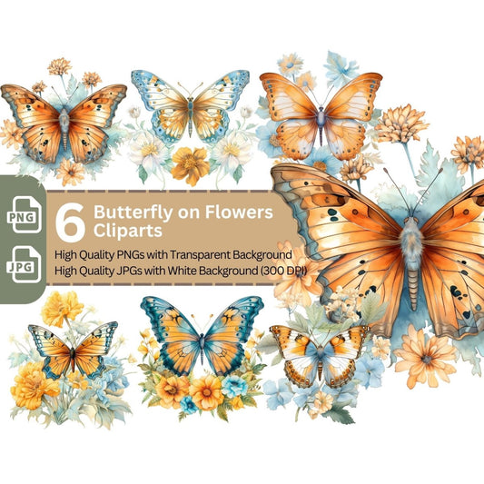 Butterfly on Flowers Clipart 6+6 High Quality PNGs Nursery Art Sublimation Clipart - Everything Pixel
