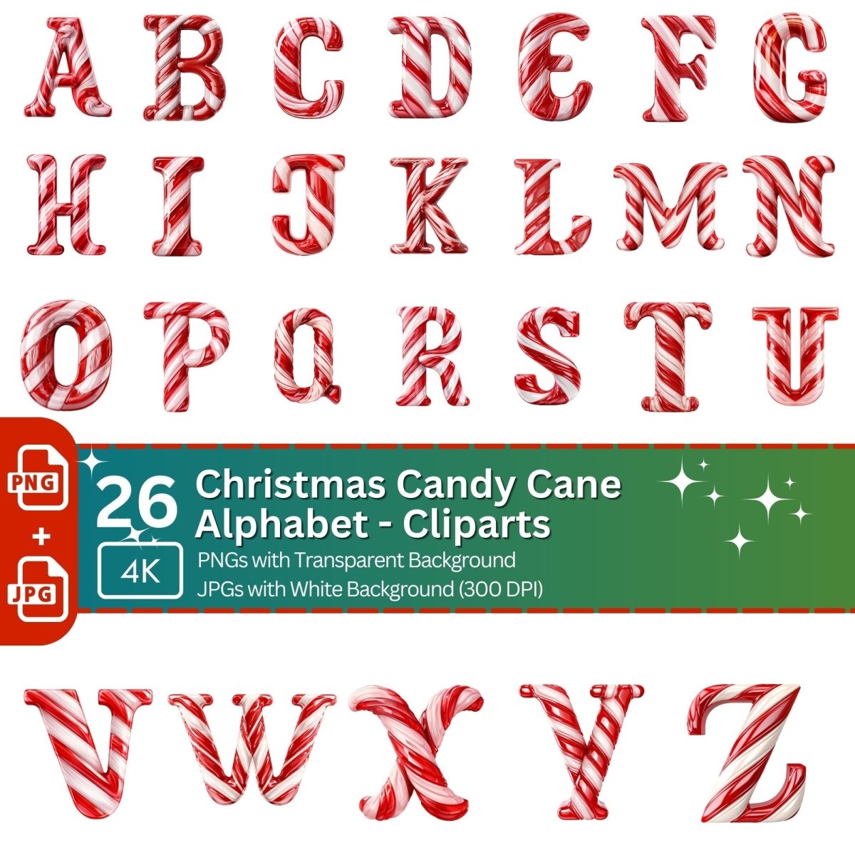 Candy Cane Alphabet Clipart 26 PNG Bundle Christmas Sweet Font Clipart Card Making Graphic Digital Paper Craft Holiday Letter Graphic - Everything Pixel