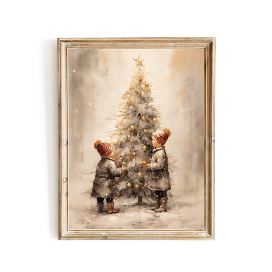 Children decorating Christmas Tree Wall Art Vintage Winter Landscape Classic Christmas Scene Seasonal Print Antique Painting Paper Poster Print - Everything Pixel