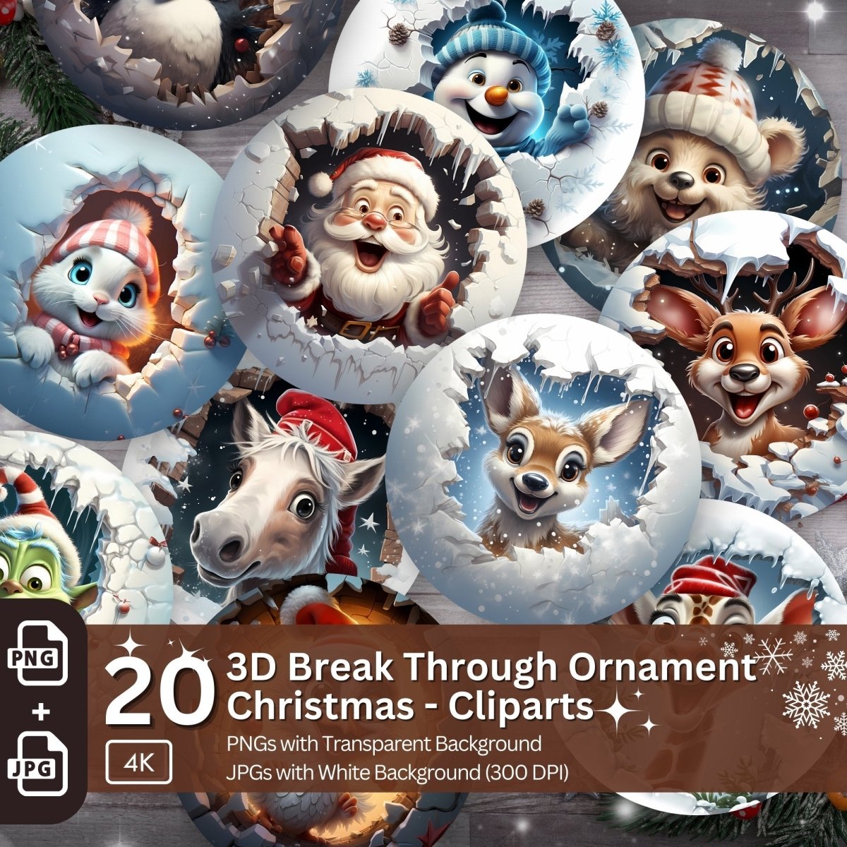 Christmas 3D Break Through Ornament Cliparts 20 PNG Bundle Sublimation Design Festive Round Stickers Funny 3D Effect Christmas Decoration - Everything Pixel