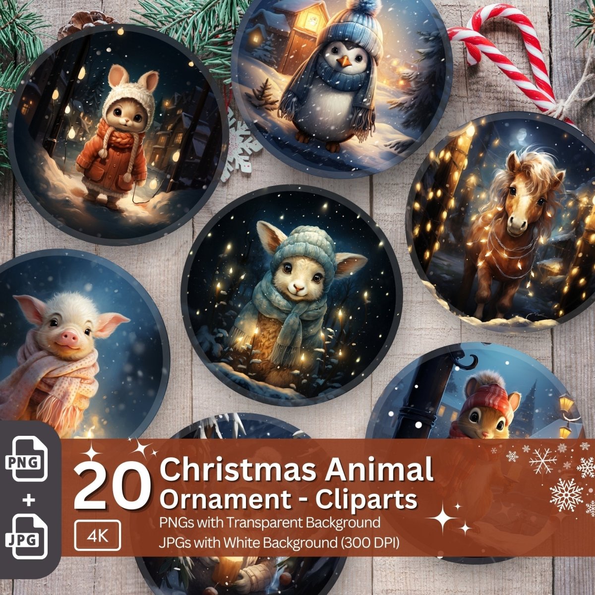 Christmas Animal Ornament 20 PNG Bundle Sublimation Design Festive Round Stickers Stylish 3D Effect Round Christmas Decoration Clipart - Everything Pixel