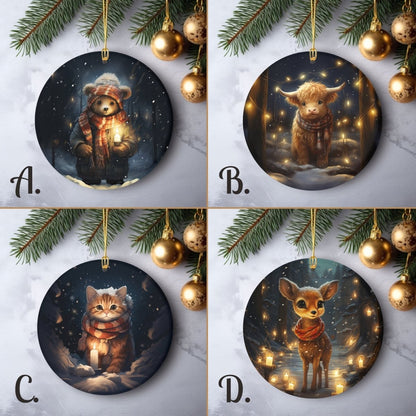 Christmas Animal Ornament Set of 20 Round Ceramic Ornaments with Wonderful Watercolor Animal Designs Festive Christmas Tree Decoration - Everything Pixel