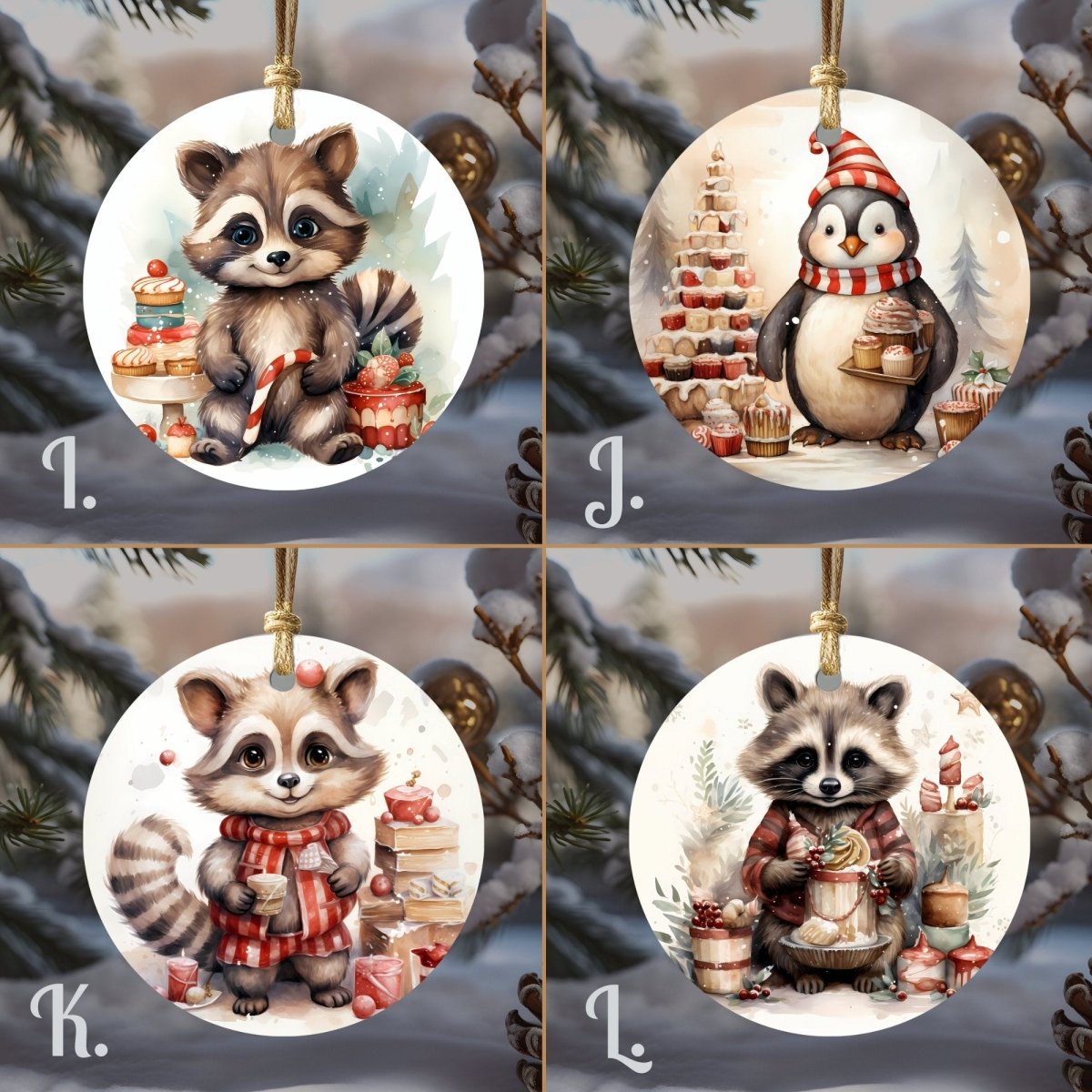 Christmas Animals Ornaments Set of 20 Round Ceramic Ornaments Watercolor Printed Cute Animal Motifs Festive Christmas Tree Decoration - Everything Pixel