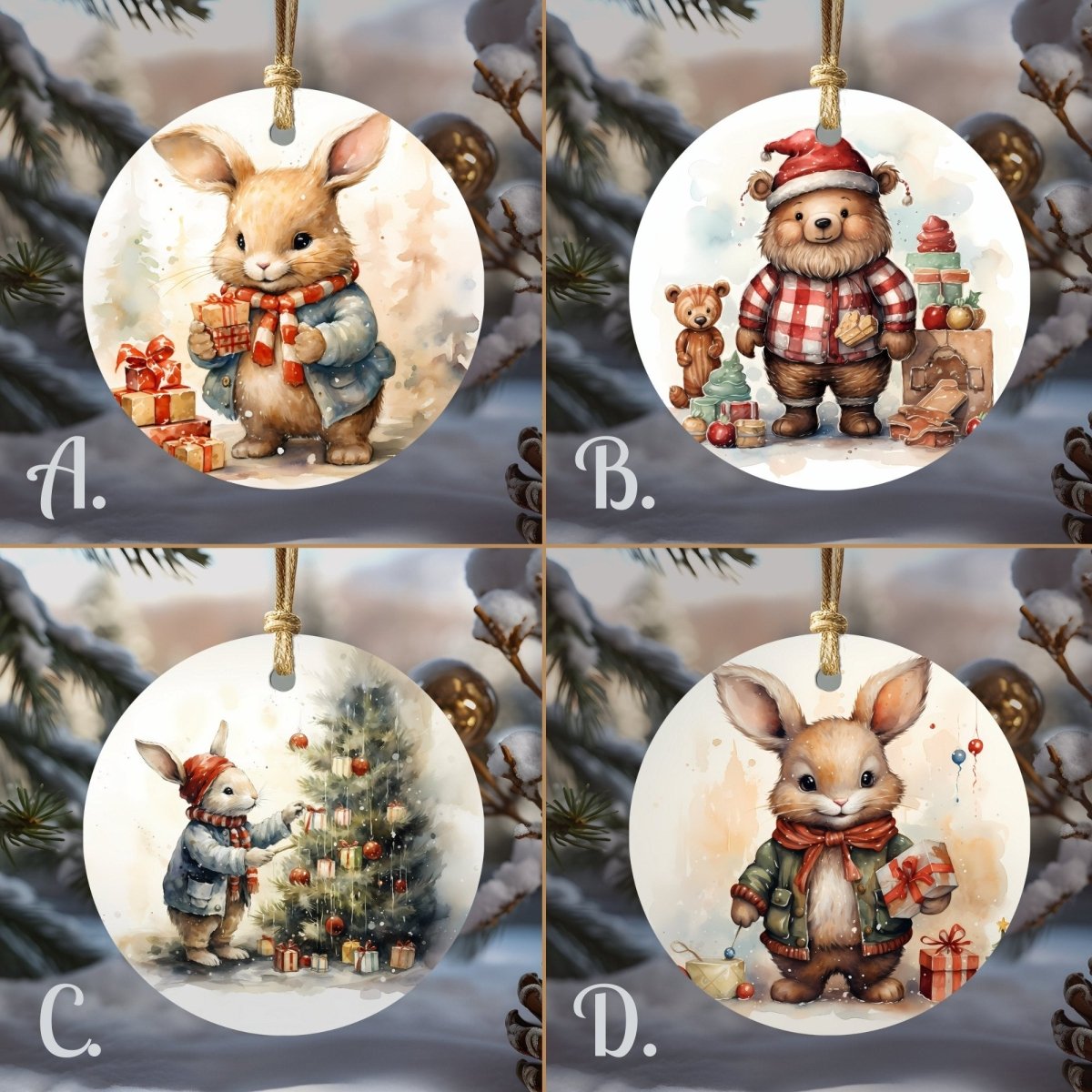 Christmas Animals Ornaments Set of 20 Round Ceramic Ornaments Watercolor Printed Cute Animal Motifs Festive Christmas Tree Decoration - Everything Pixel