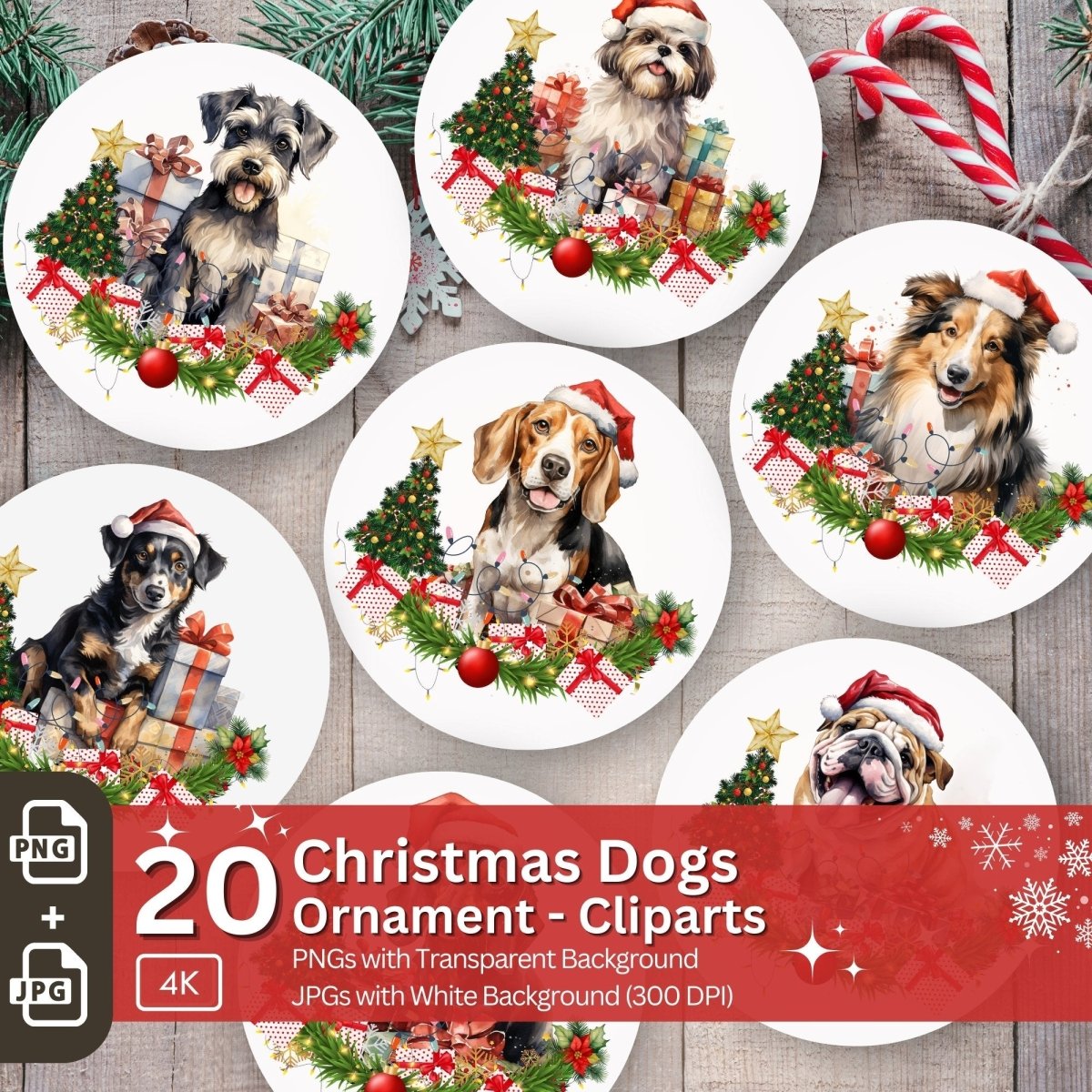Christmas Dog Ornament 20 PNG Bundle Sublimation Design Festive Round Pet Stickers Stylish Christmas Decoration Clipart 20 Dog Breeds - Everything Pixel