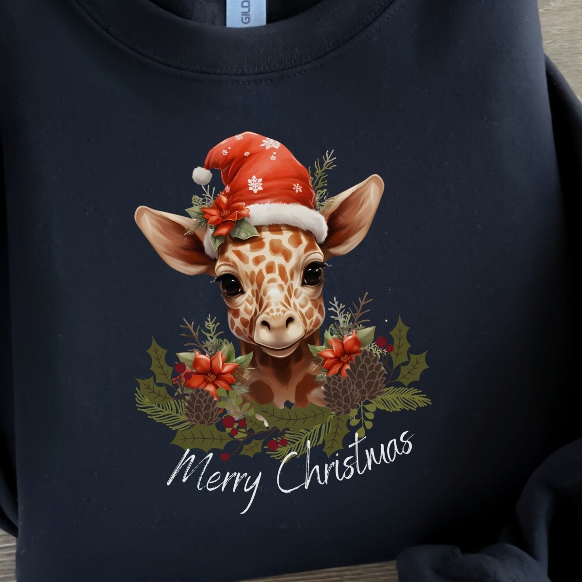 Christmas Giraffe Pullover - High Quality Festive Family Unisex Sweatshirt, Gift for Giraffe Lovers, Cute Christmas Shirt, Giraffe Santa Hat - Everything Pixel
