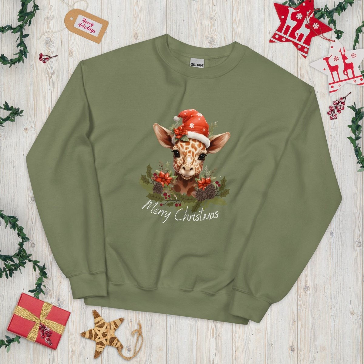 Christmas Giraffe Pullover - High Quality Festive Family Unisex Sweatshirt, Gift for Giraffe Lovers, Cute Christmas Shirt, Giraffe Santa Hat - Everything Pixel