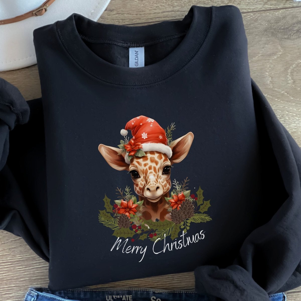 Christmas Giraffe Pullover - High Quality Festive Family Unisex Sweatshirt, Gift for Giraffe Lovers, Cute Christmas Shirt, Giraffe Santa Hat - Everything Pixel
