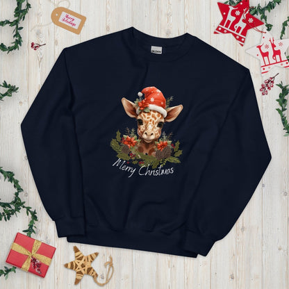 Christmas Giraffe Pullover - High Quality Festive Family Unisex Sweatshirt, Gift for Giraffe Lovers, Cute Christmas Shirt, Giraffe Santa Hat - Everything Pixel