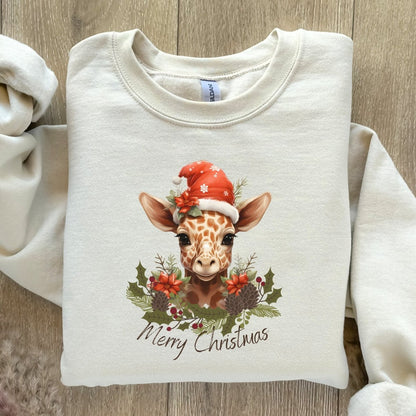 Christmas Giraffe Pullover - High Quality Festive Family Unisex Sweatshirt, Gift for Giraffe Lovers, Cute Christmas Shirt, Giraffe Santa Hat - Everything Pixel