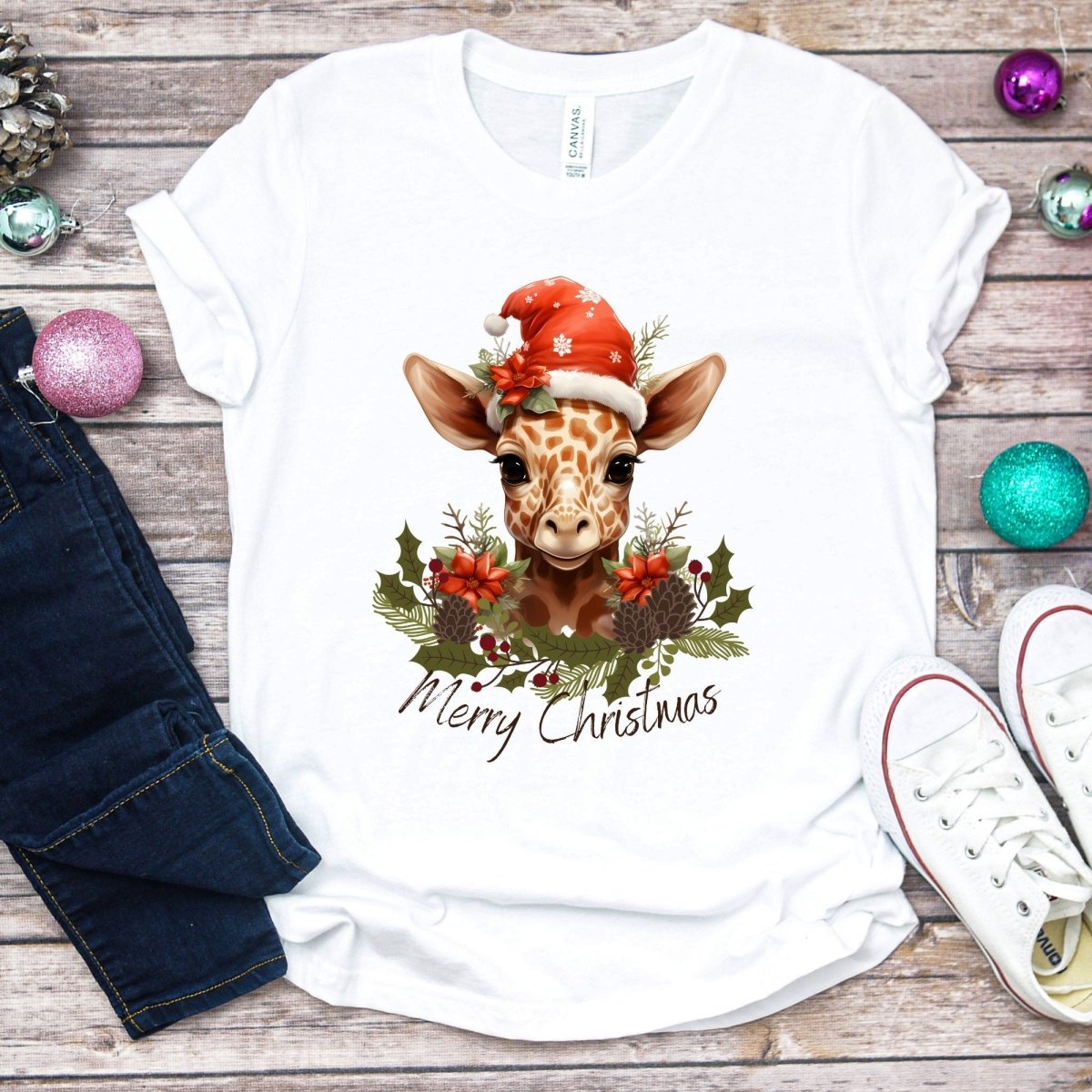 Christmas Giraffe T-Shirt - High Quality Festive Family Teenager T-Shirt, Gift for Giraffe Lovers, Cute Christmas Shirt, Youth Xmas Tee - Everything Pixel