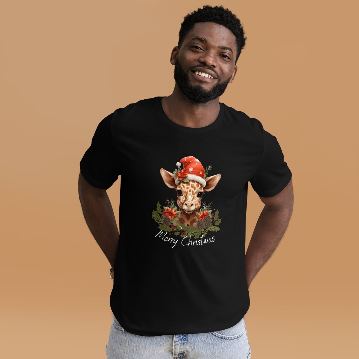 Christmas Giraffe T-Shirt - High Quality Festive Family Unisex T-Shirts, Gift for Giraffe Lovers, Cute Christmas Shirt, Giraffe with Santa Hat - Everything Pixel