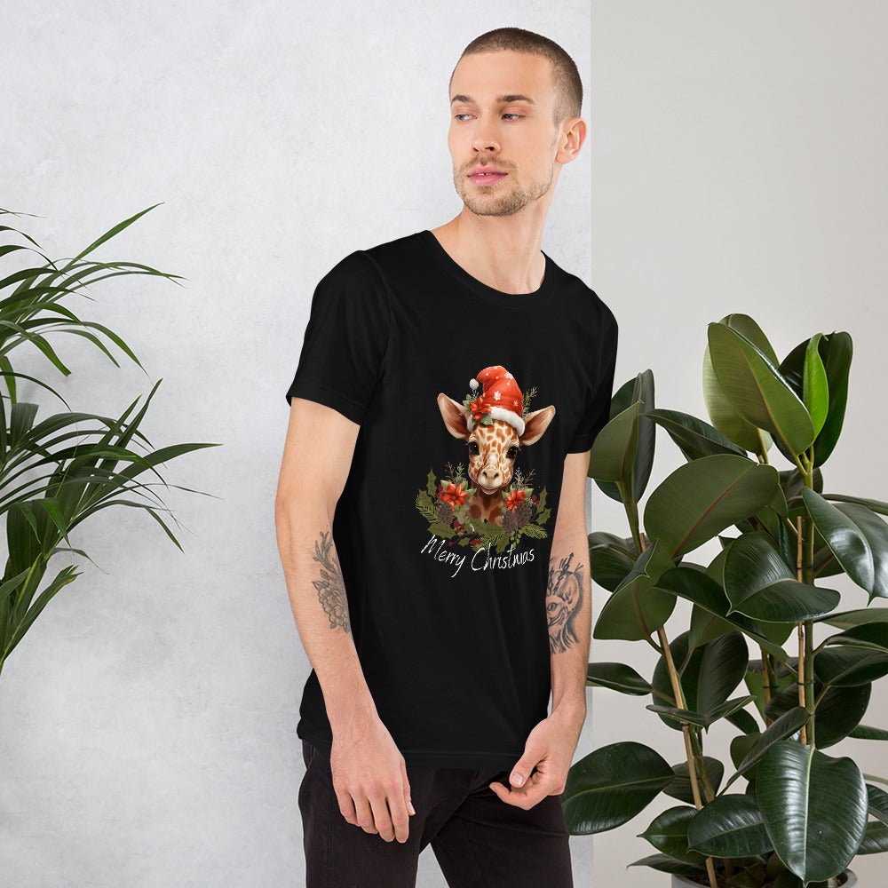Christmas Giraffe T-Shirt - High Quality Festive Family Unisex T-Shirts, Gift for Giraffe Lovers, Cute Christmas Shirt, Giraffe with Santa Hat - Everything Pixel