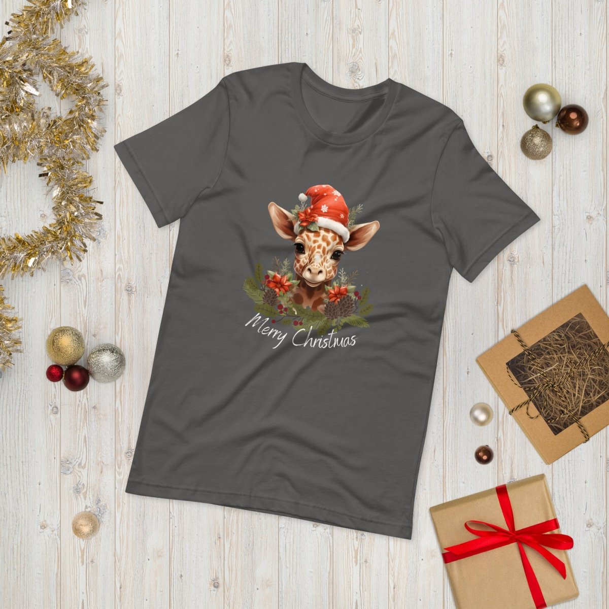 Christmas Giraffe T-Shirt - High Quality Festive Family Unisex T-Shirts, Gift for Giraffe Lovers, Cute Christmas Shirt, Giraffe with Santa Hat - Everything Pixel