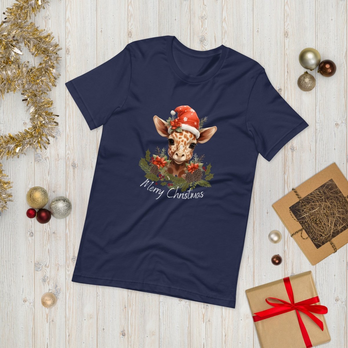 Christmas Giraffe T-Shirt - High Quality Festive Family Unisex T-Shirts, Gift for Giraffe Lovers, Cute Christmas Shirt, Giraffe with Santa Hat - Everything Pixel