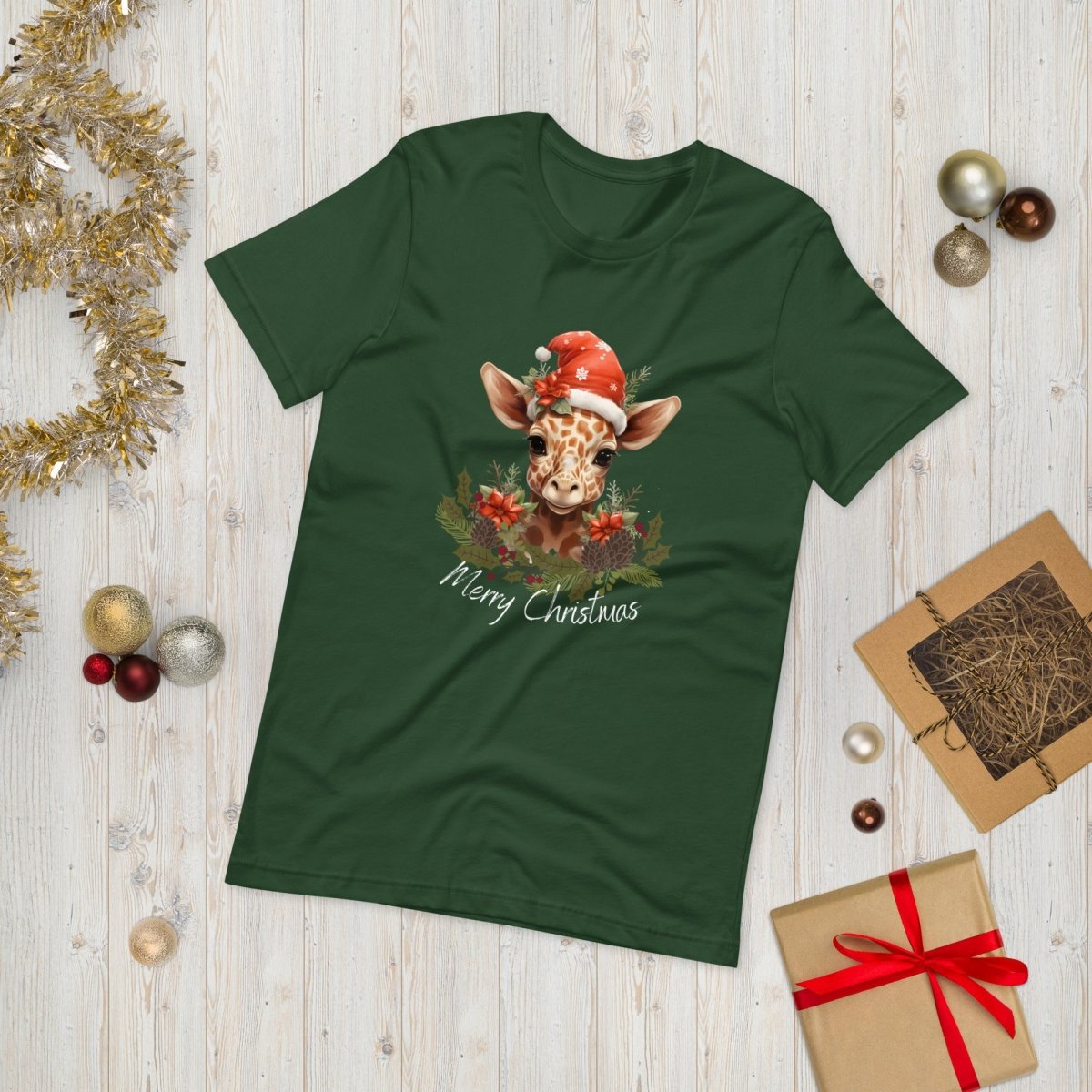 Christmas Giraffe T-Shirt - High Quality Festive Family Unisex T-Shirts, Gift for Giraffe Lovers, Cute Christmas Shirt, Giraffe with Santa Hat - Everything Pixel