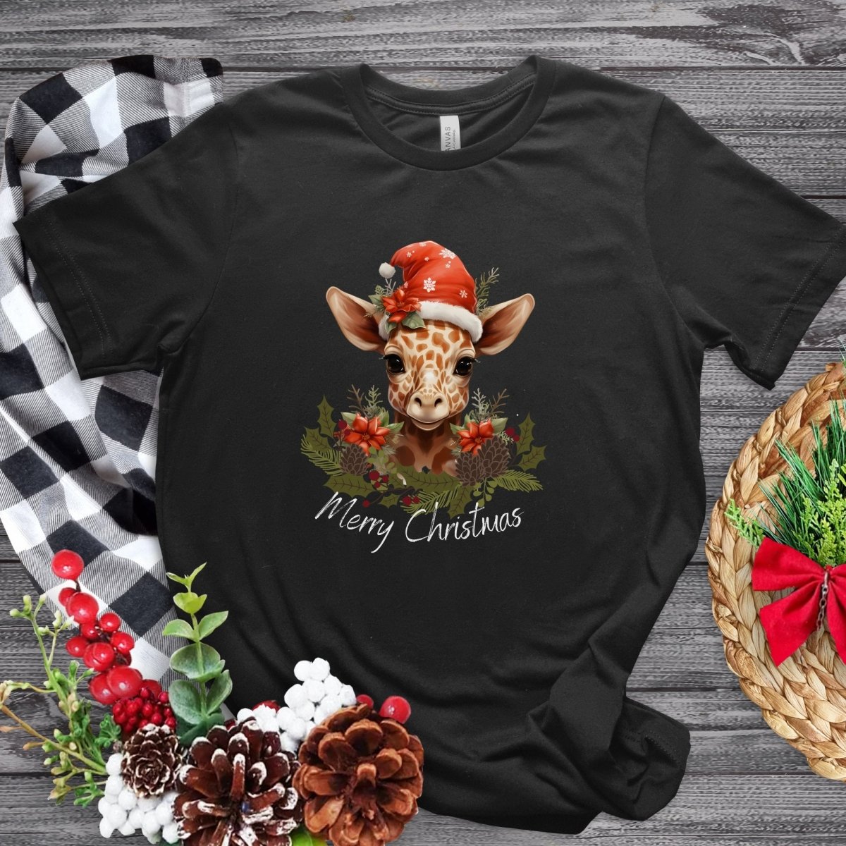 Christmas Giraffe T-Shirt - High Quality Festive Family Unisex T-Shirts, Gift for Giraffe Lovers, Cute Christmas Shirt, Giraffe with Santa Hat - Everything Pixel