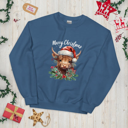 Christmas Highland Cow Pullover - High Quality Festive Family Unisex Sweatshirt, Gift for Cow Lovers, Cute Christmas Shirt, Cow with Santa Hat - Everything Pixel