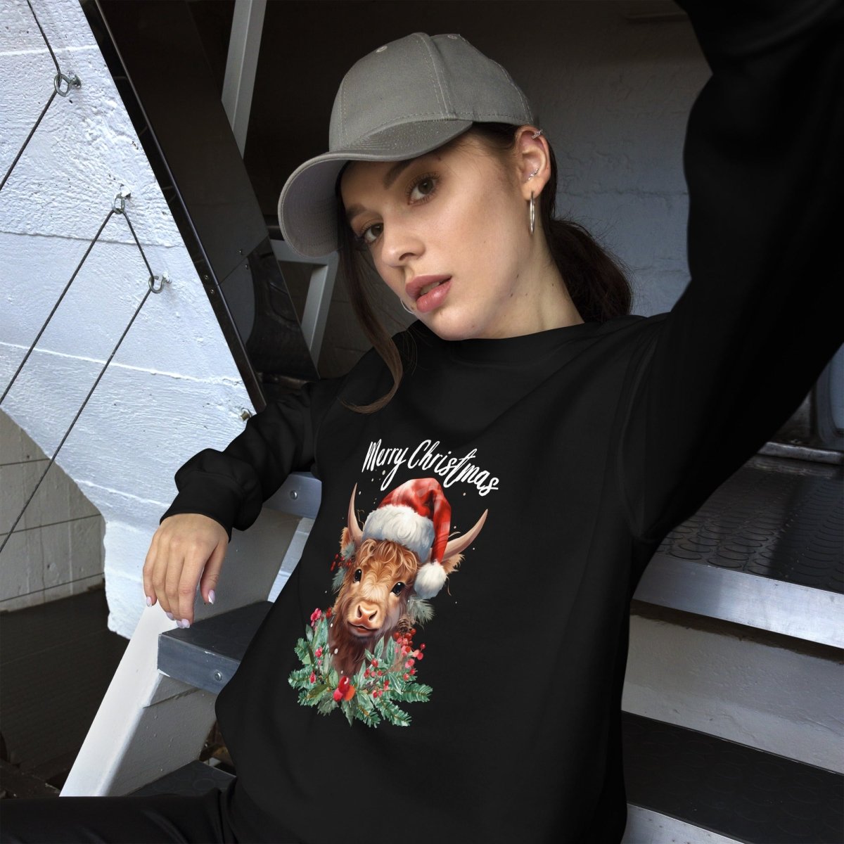 Christmas Highland Cow Pullover - High Quality Festive Family Unisex Sweatshirt, Gift for Cow Lovers, Cute Christmas Shirt, Cow with Santa Hat - Everything Pixel