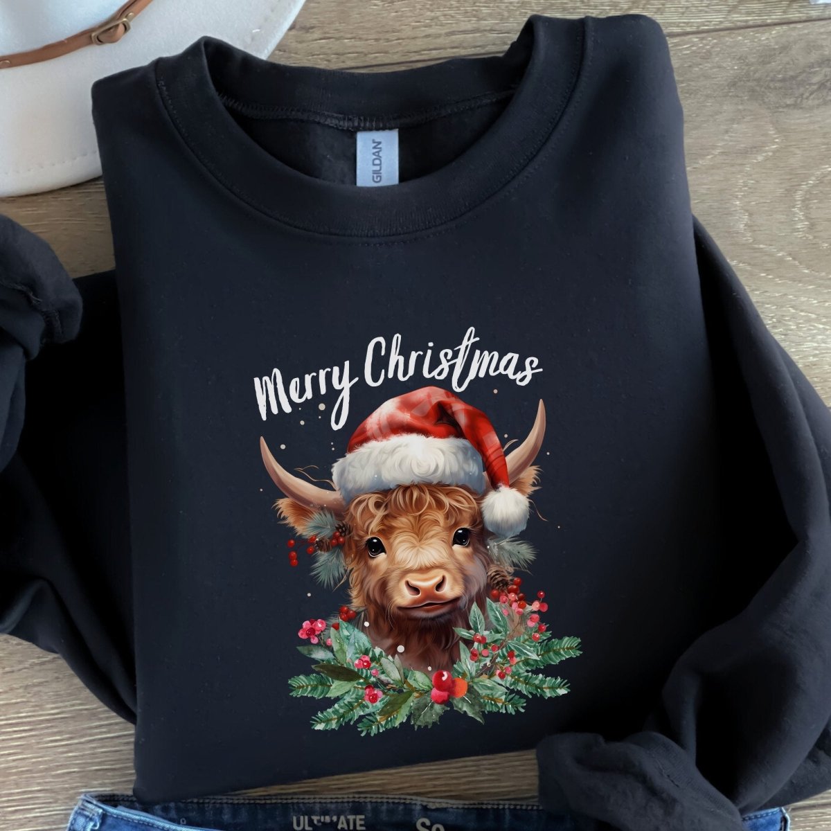 Christmas Highland Cow Pullover - High Quality Festive Family Unisex Sweatshirt, Gift for Cow Lovers, Cute Christmas Shirt, Cow with Santa Hat - Everything Pixel