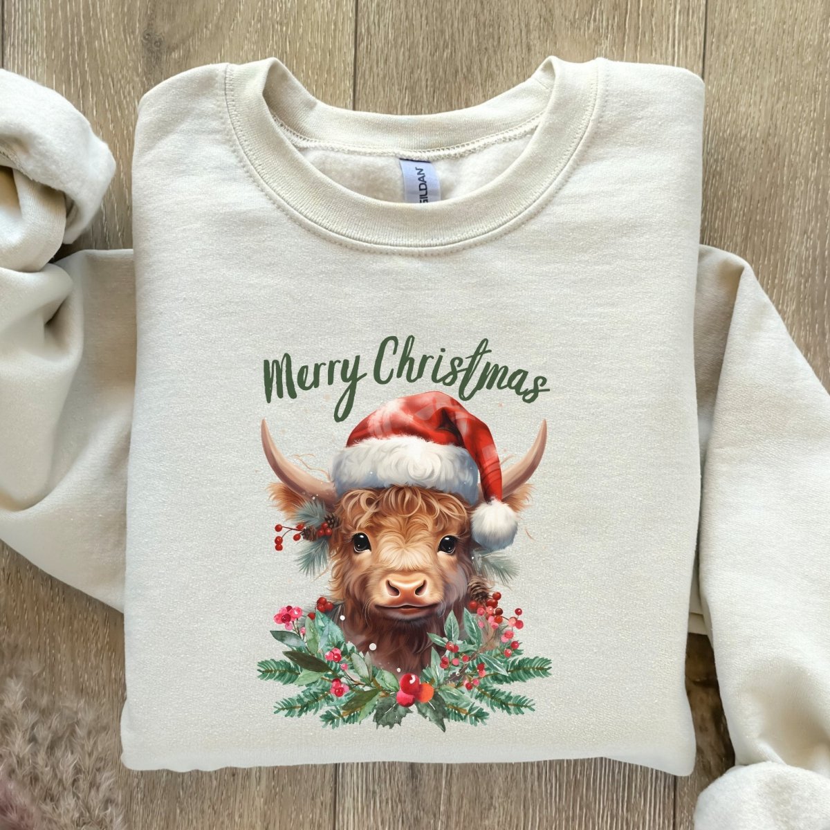 Christmas Highland Cow Pullover - High Quality Festive Family Unisex Sweatshirt, Gift for Cow Lovers, Cute Christmas Shirt, Cow with Santa Hat - Everything Pixel