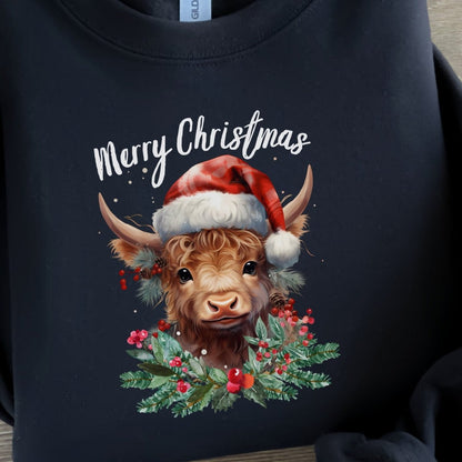 Christmas Highland Cow Pullover - High Quality Festive Family Unisex Sweatshirt, Gift for Cow Lovers, Cute Christmas Shirt, Cow with Santa Hat - Everything Pixel