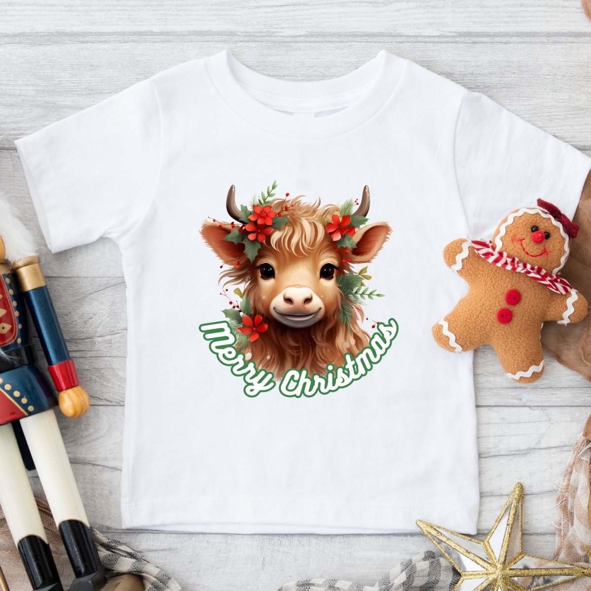 Christmas Highland Cow T-Shirt - High Quality Festive Family Children T-Shirt, Gift for Cow Lovers, Cute Christmas Shirt, Toddler Xmas Tee - Everything Pixel
