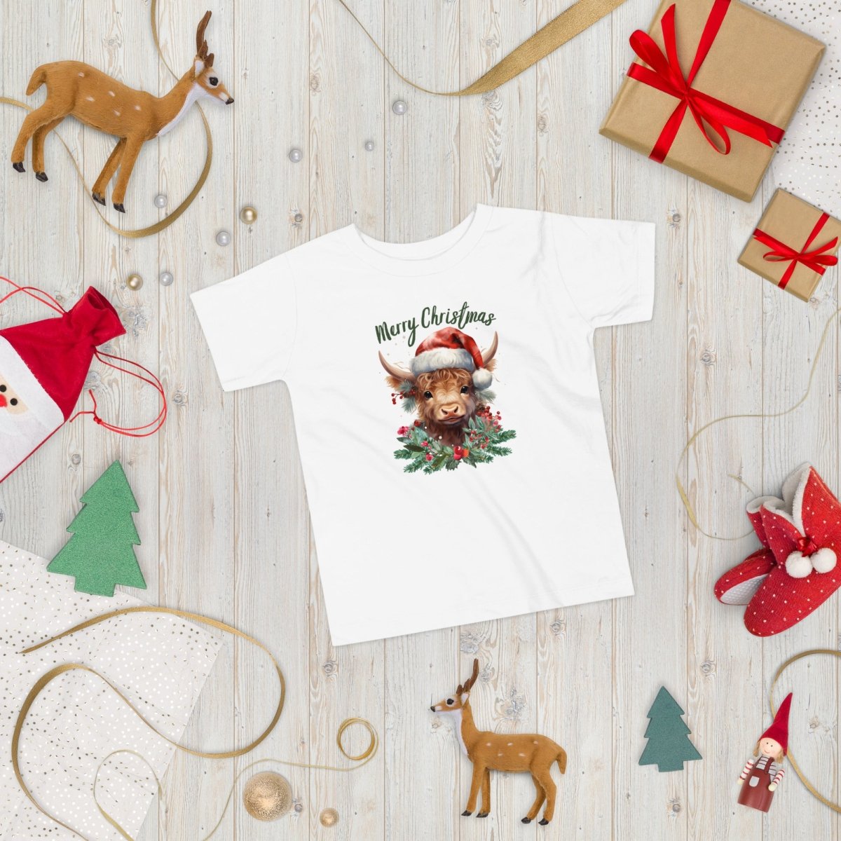 Christmas Highland Cow T-Shirt - High Quality Festive Family Children T-Shirt, Gift for Cow Lovers, Cute Christmas Shirt, Toddler Xmas Tee - Everything Pixel