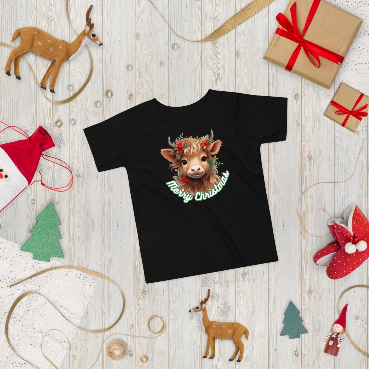 Christmas Highland Cow T-Shirt - High Quality Festive Family Children T-Shirt, Gift for Cow Lovers, Cute Christmas Shirt, Toddler Xmas Tee - Everything Pixel