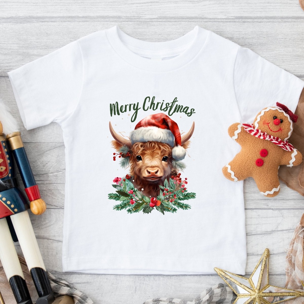 Christmas Highland Cow T-Shirt - High Quality Festive Family Children T-Shirt, Gift for Cow Lovers, Cute Christmas Shirt, Toddler Xmas Tee - Everything Pixel
