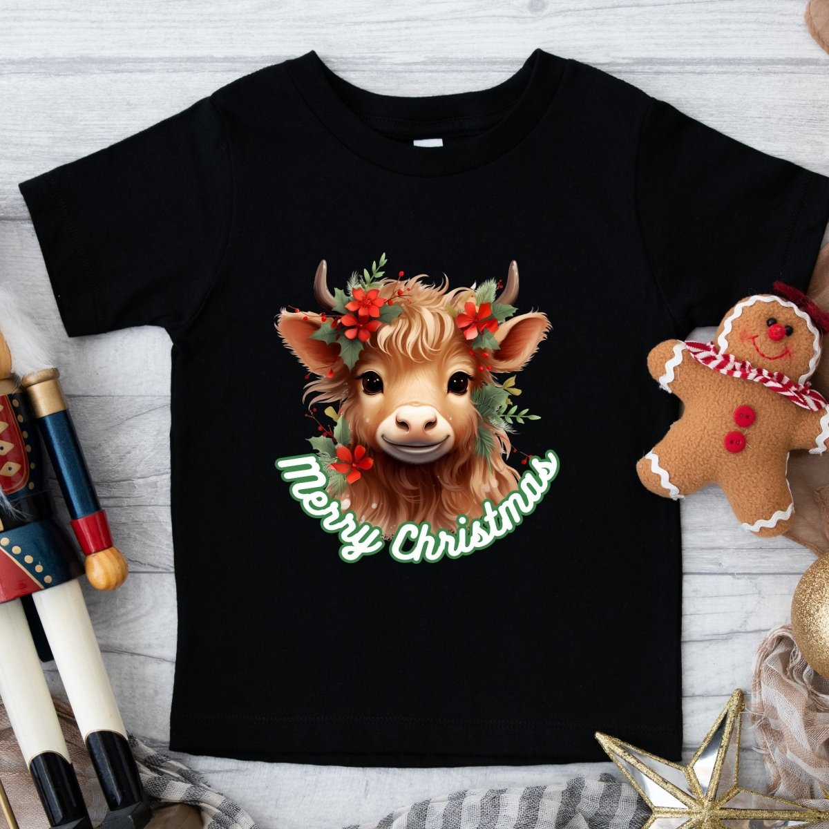 Christmas Highland Cow T-Shirt - High Quality Festive Family Children T-Shirt, Gift for Cow Lovers, Cute Christmas Shirt, Toddler Xmas Tee - Everything Pixel
