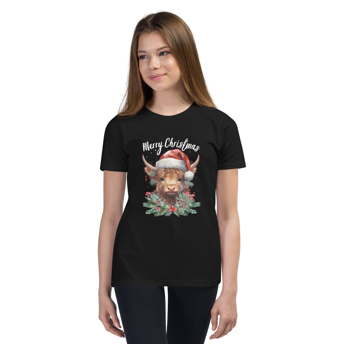 Christmas Highland Cow T-Shirt - High Quality Festive Family Teenager T-Shirt, Gift for Cow Lovers, Cute Christmas Shirt, Youth Xmas Tee - Everything Pixel