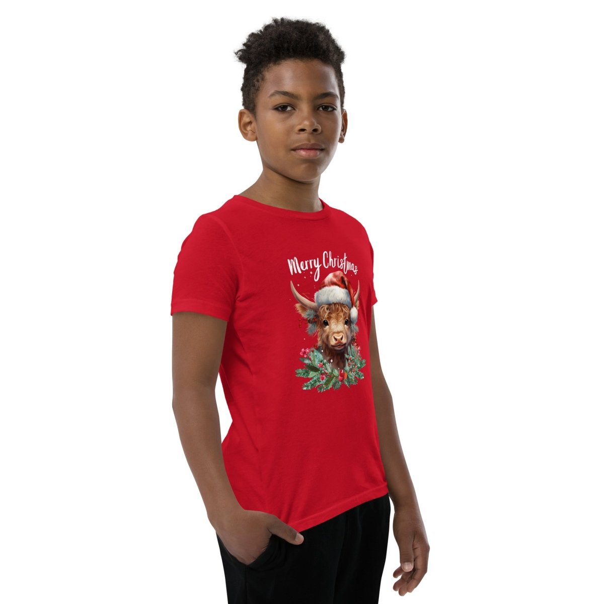 Christmas Highland Cow T-Shirt - High Quality Festive Family Teenager T-Shirt, Gift for Cow Lovers, Cute Christmas Shirt, Youth Xmas Tee - Everything Pixel