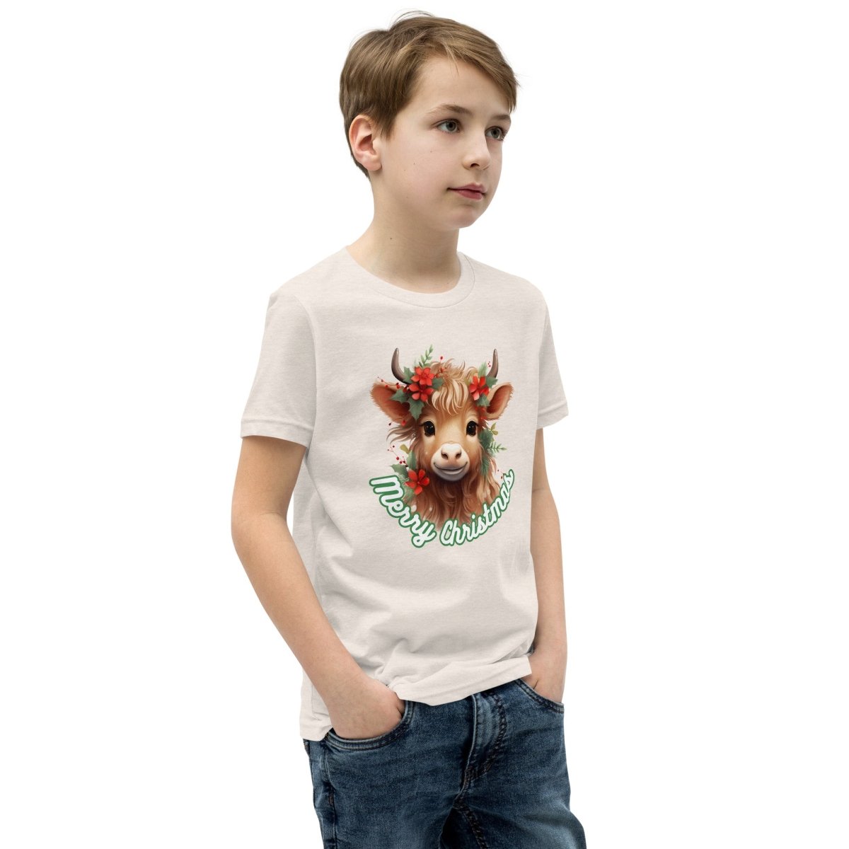 Christmas Highland Cow T-Shirt - High Quality Festive Family Teenager T-Shirt, Gift for Cow Lovers, Cute Christmas Shirt, Youth Xmas Tee - Everything Pixel