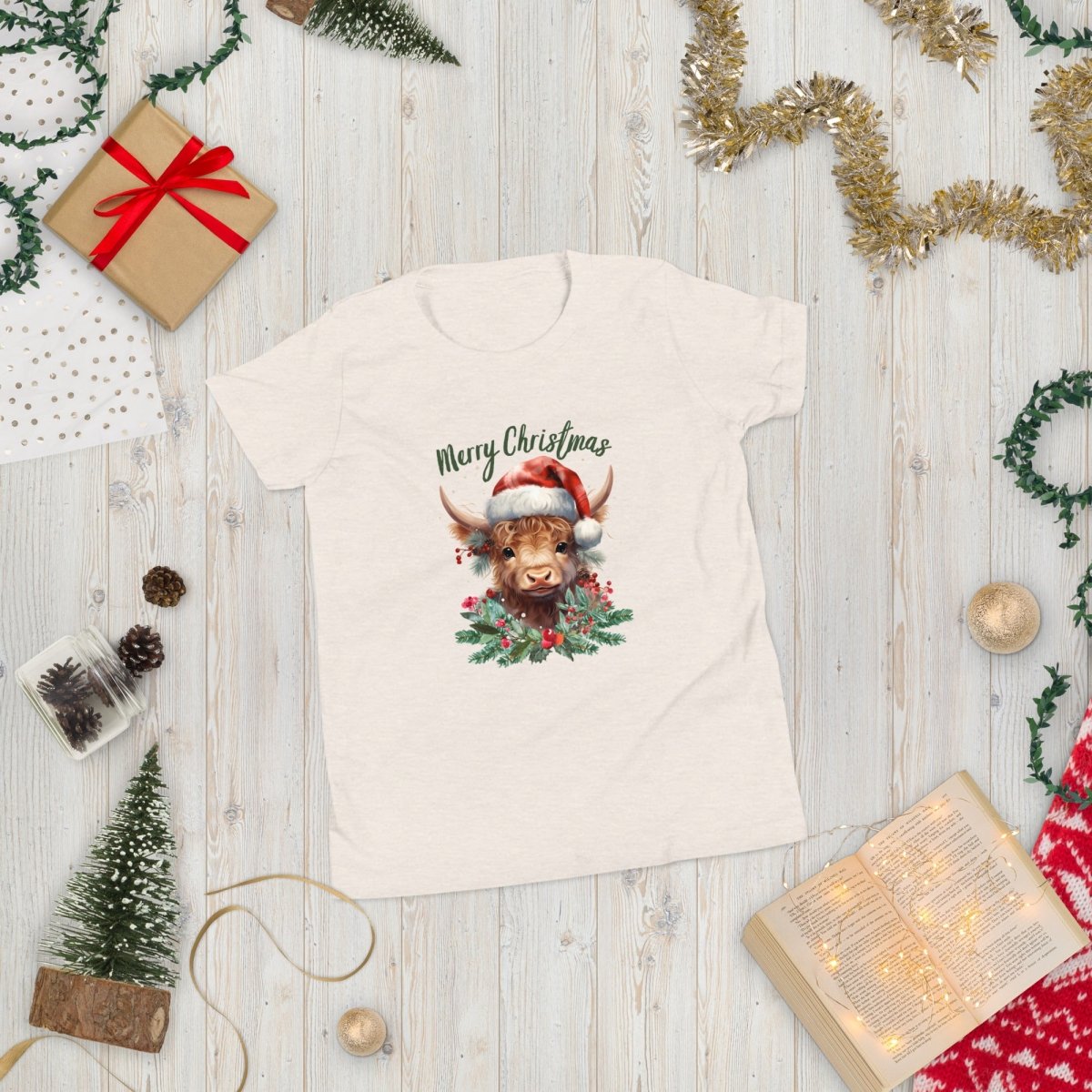Christmas Highland Cow T-Shirt - High Quality Festive Family Teenager T-Shirt, Gift for Cow Lovers, Cute Christmas Shirt, Youth Xmas Tee - Everything Pixel